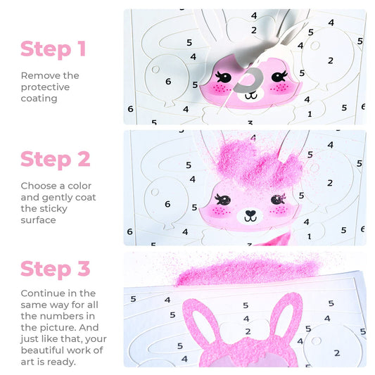 ALEXES sticky-number sand art shows simple steps for engaging, hands-on decorating.