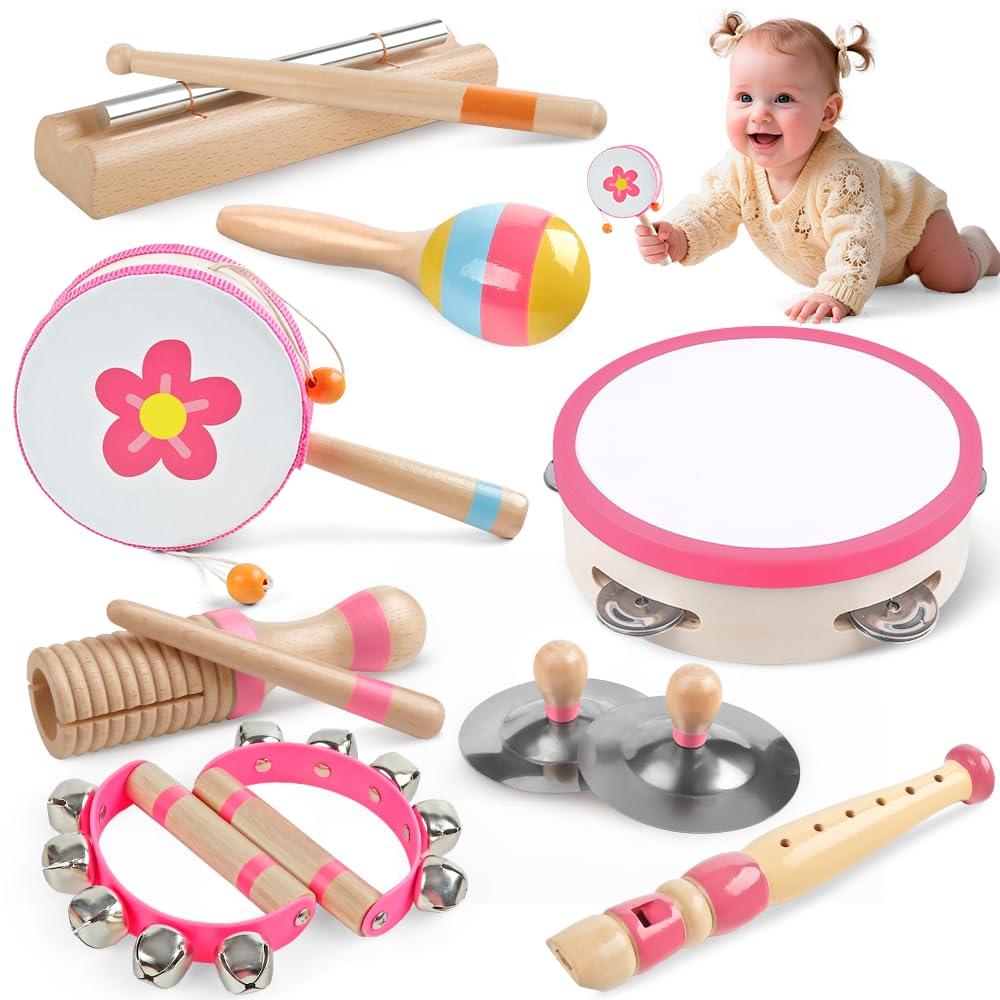 Aliex pink 8-in-1 Montessori instruments set, wooden xylophone for sensory play.