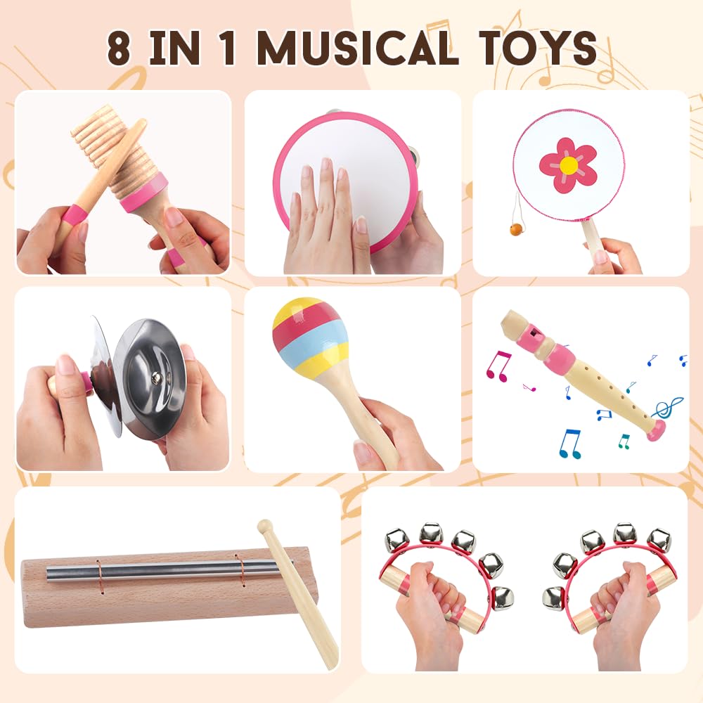 Aliex pink wooden shaker encourages hand-eye coordination during musical play.