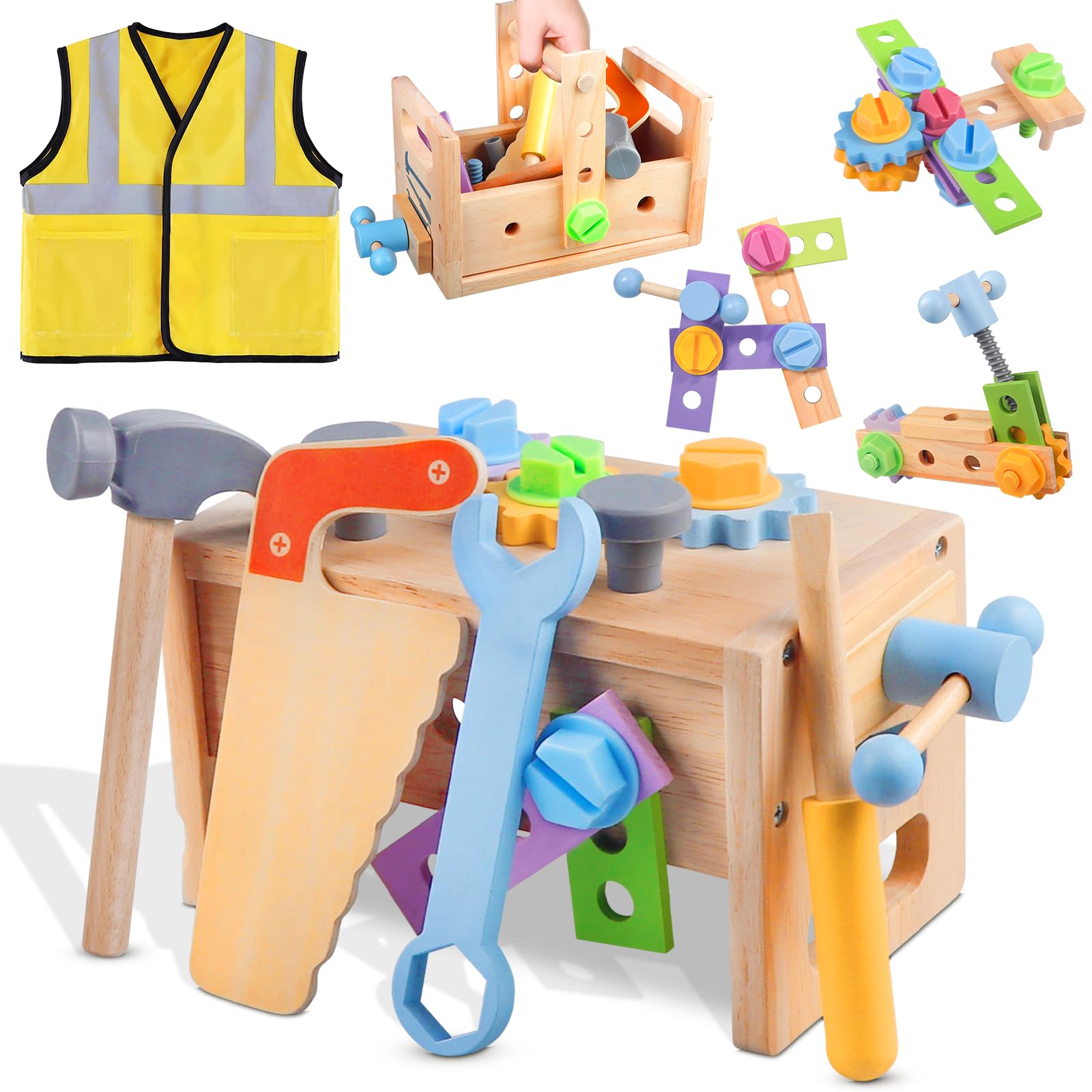 Aliex wooden kids tool set hammer promotes fine motor skills and imaginative play.