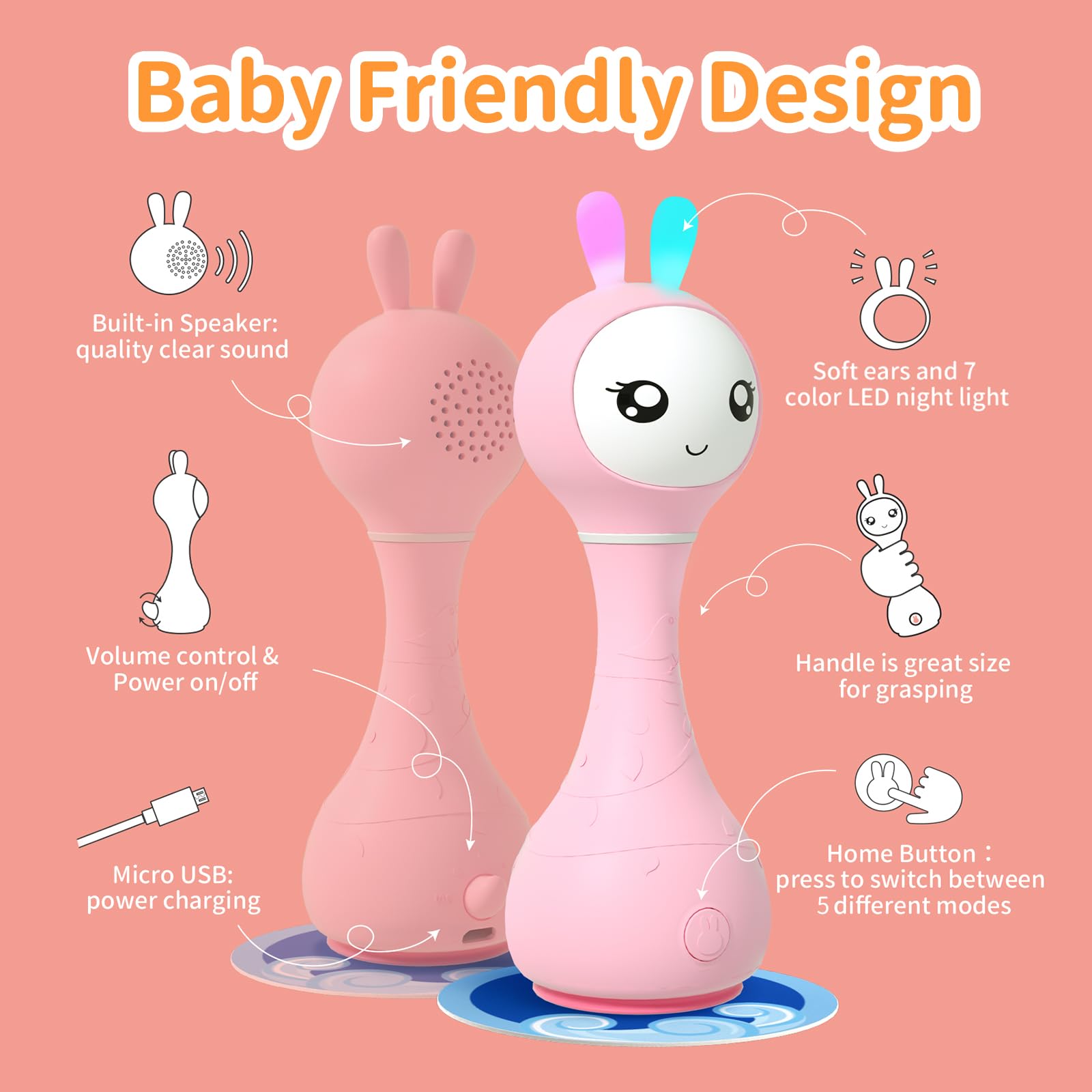 alilo Smarty Bunny rattle ergonomic, lightweight handle for tiny hands