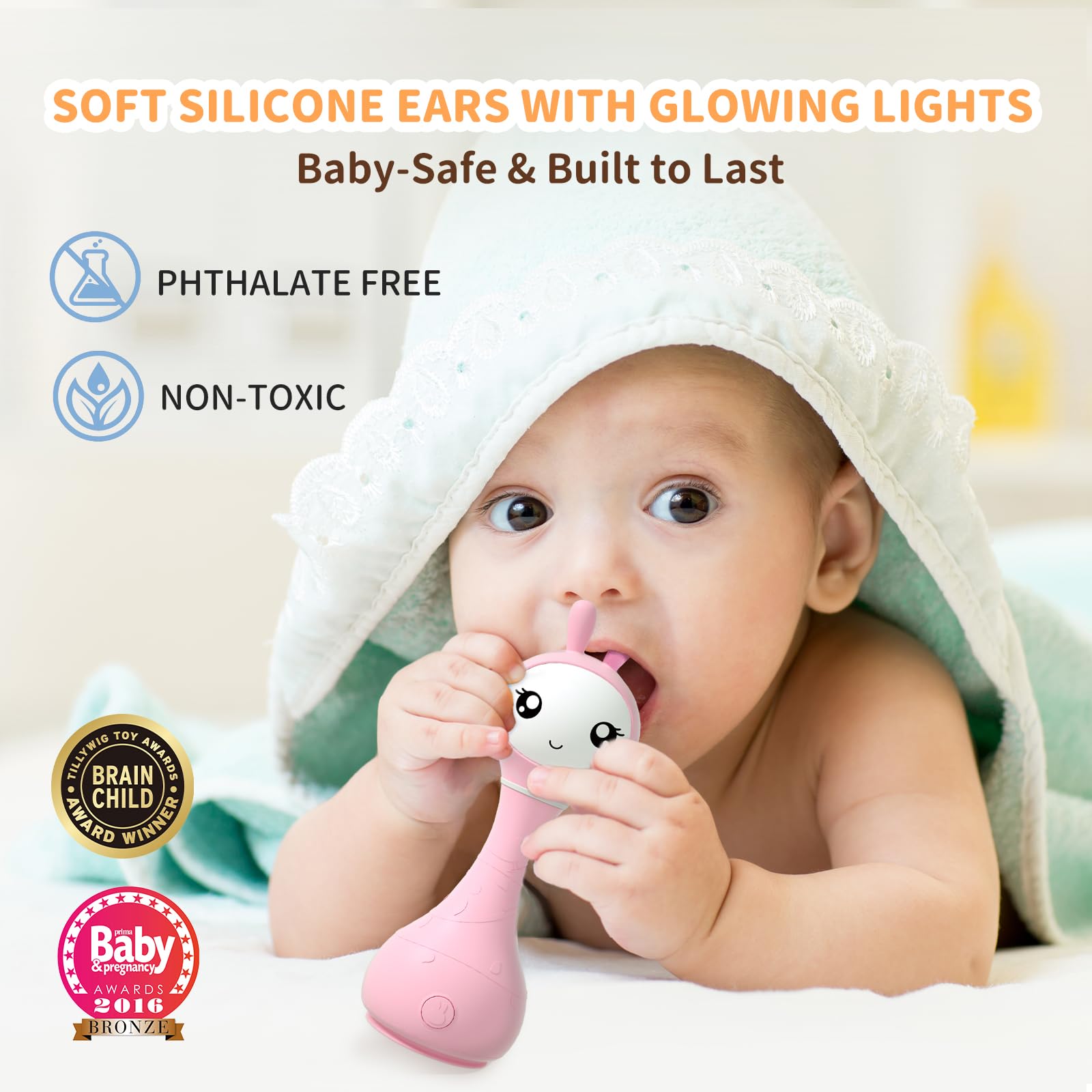alilo Smarty Bunny rattle showcasing 4 music modes and soothing sounds