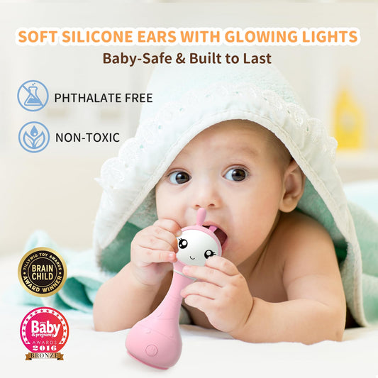 alilo Smarty Bunny rattle showcasing 4 music modes and soothing sounds
