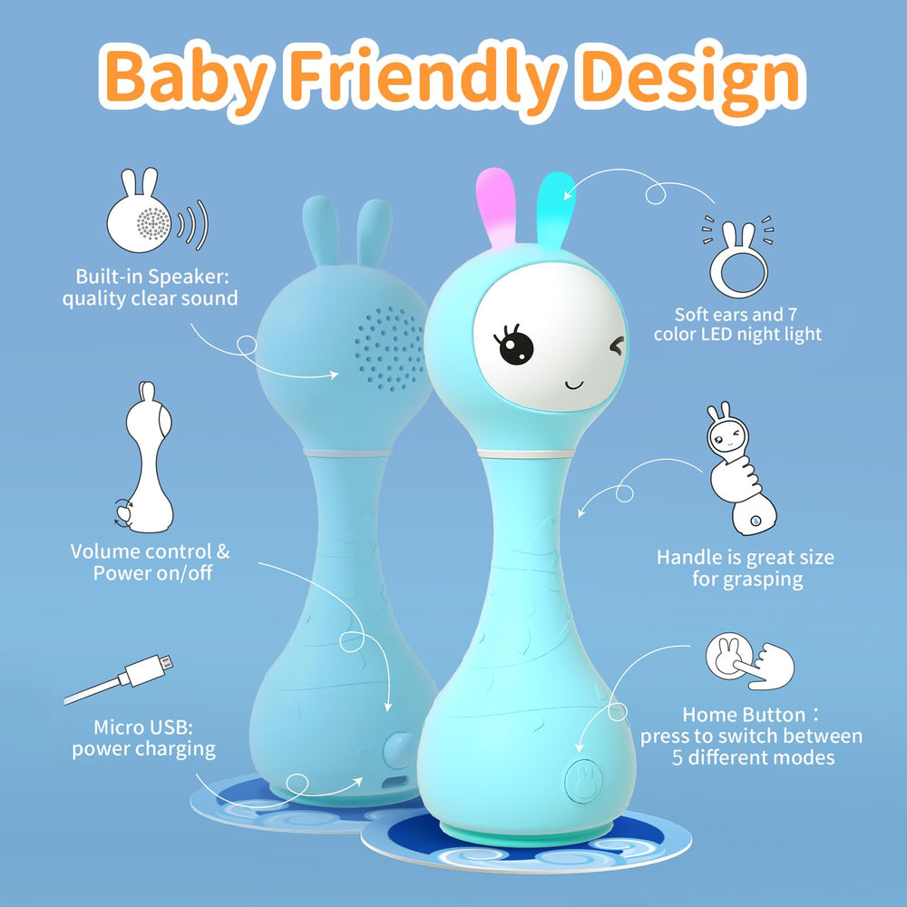 Ergonomic, lightweight Alilo Smarty Bunny rattle designed for tiny hands