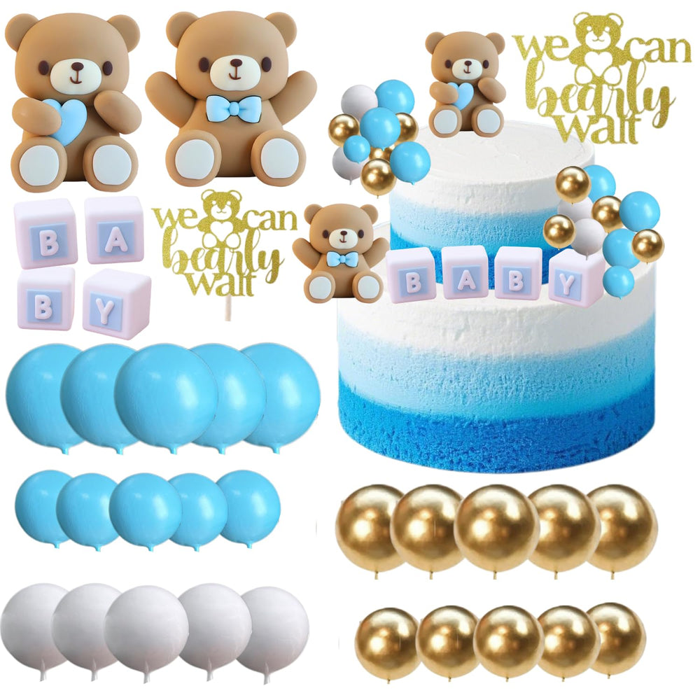 ALISSAR 32-piece bear cake toppers blue set enhances baby shower cake decor