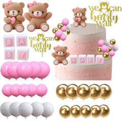 ALISSAR 32-piece bear cake toppers in pink for baby showers and birthdays