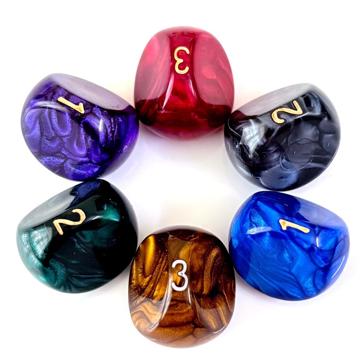 ALiuxiluo marbled D3 dice set, six-piece display, with gold numerals for clear gameplay.