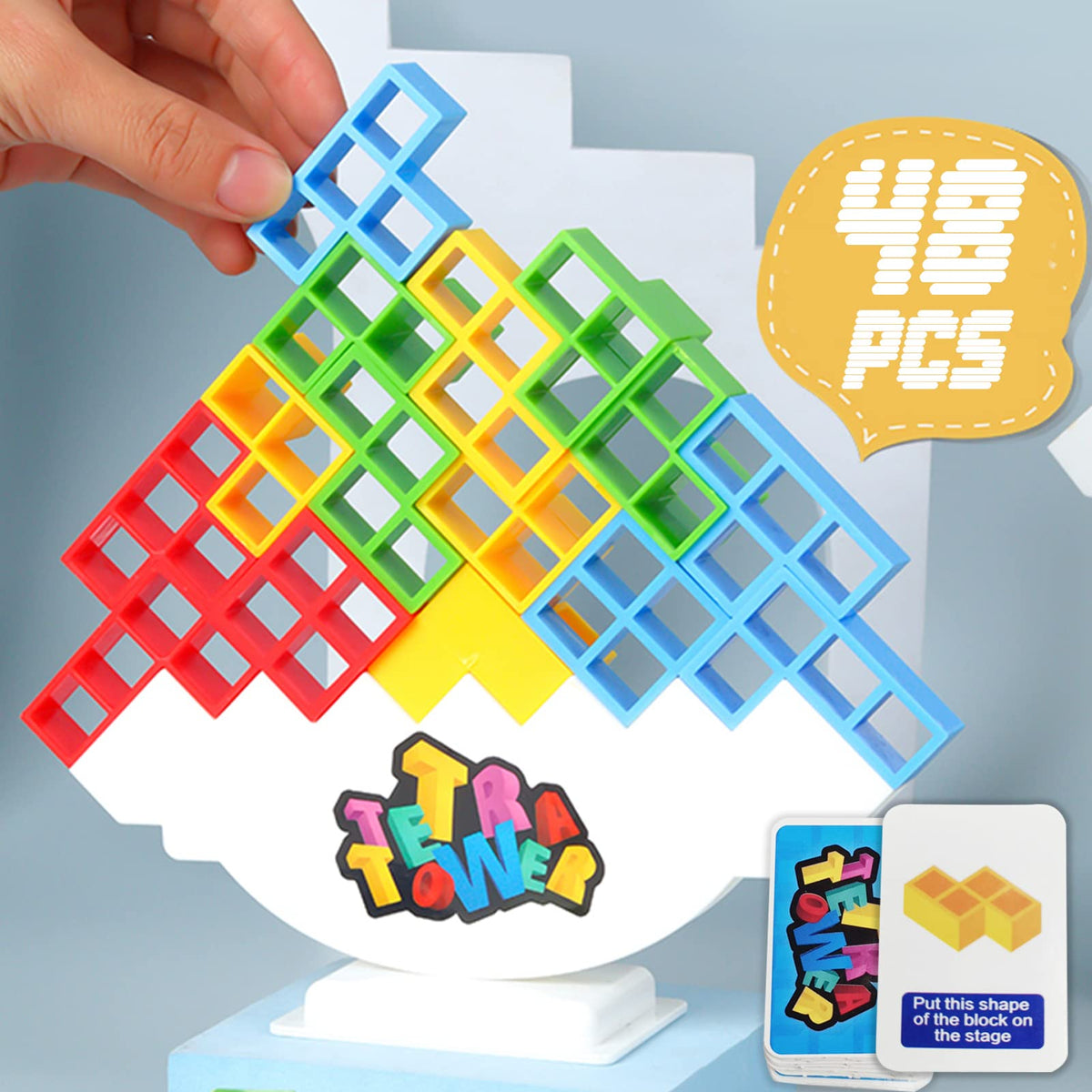 ALKISTA tetra tower balance setup with vibrant blocks ready for group play