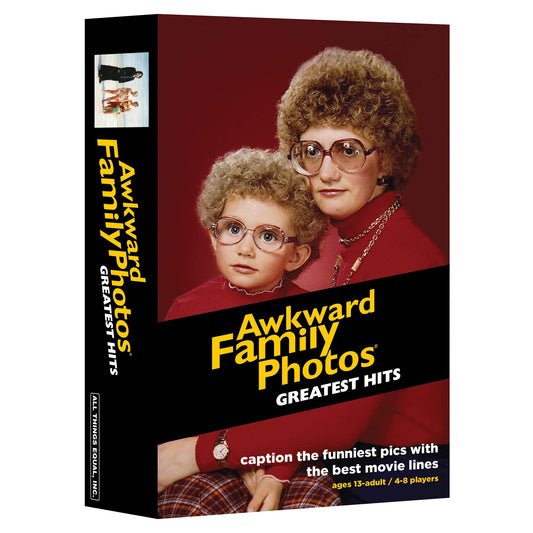 All Things Equal Awkward Family Photos Greatest Hits box art with 100 photos for captioning fun.