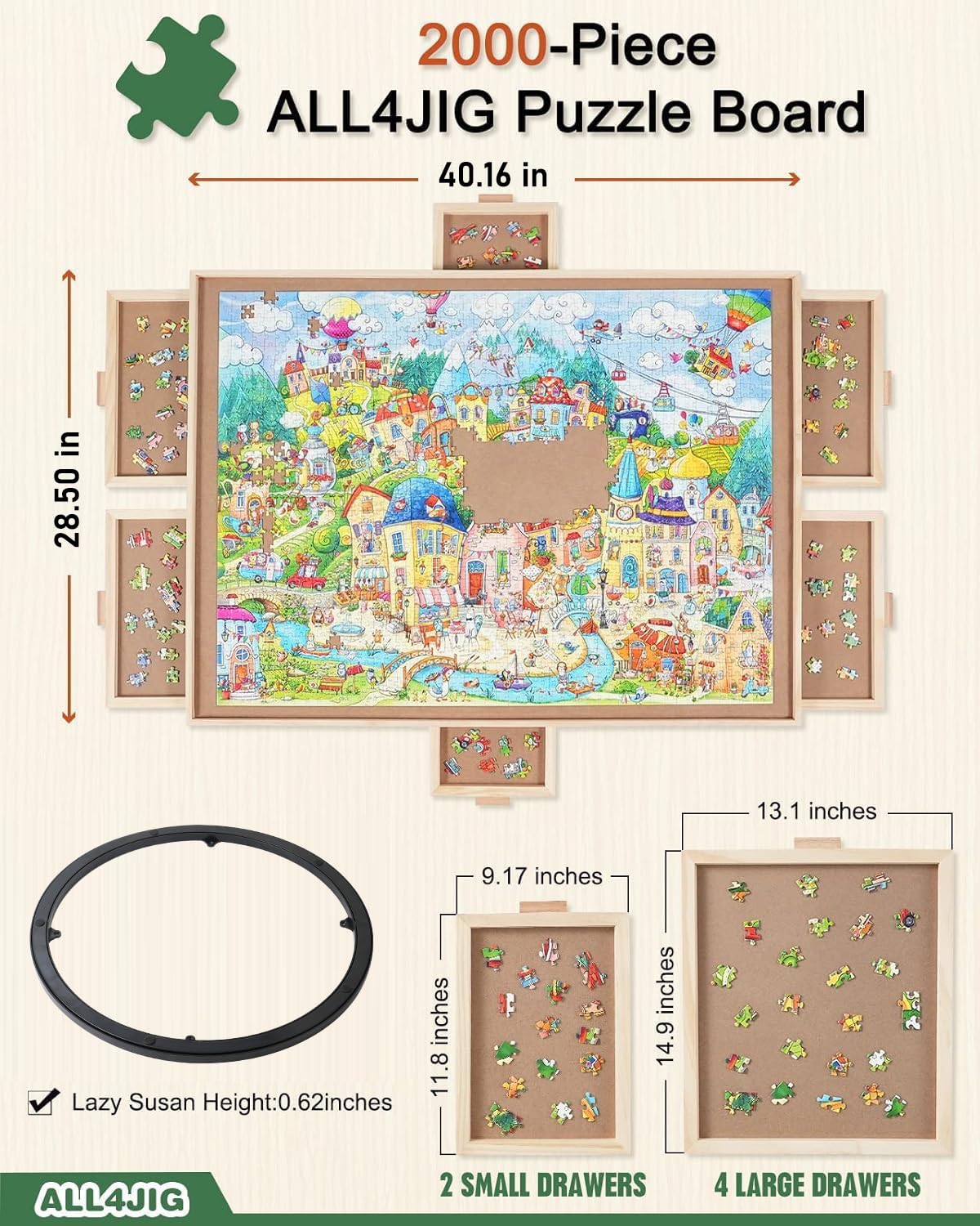 ALL4JIG 28x40-inch wooden puzzle table provides sturdy play surface.