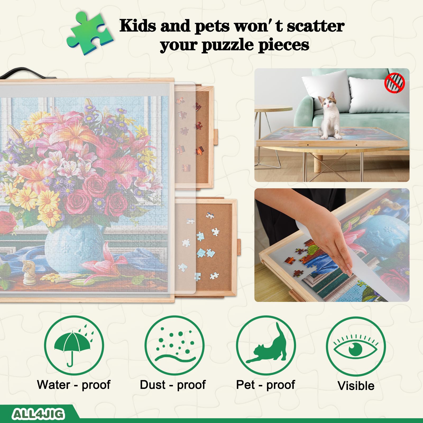 ALL4JIG four-drawer storage keeps puzzle pieces organized during assembly.