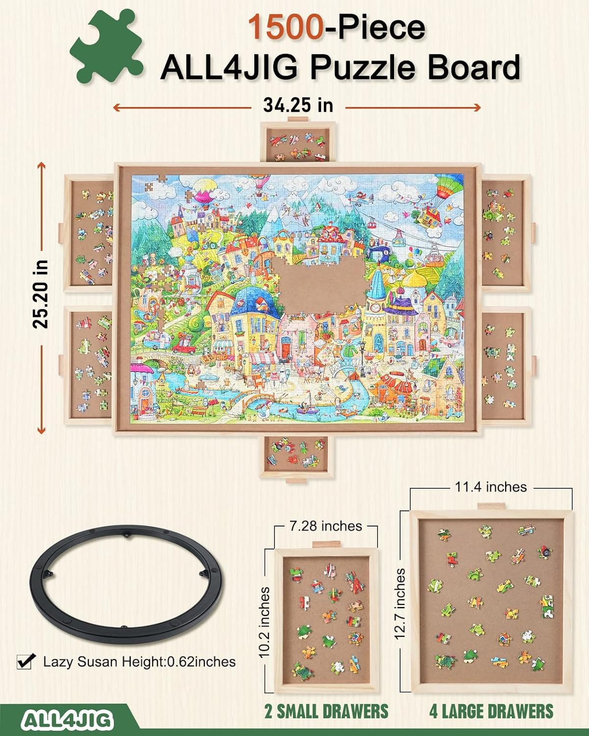 ALL4JIG lazy susan rotation enables easy access to puzzle sections.