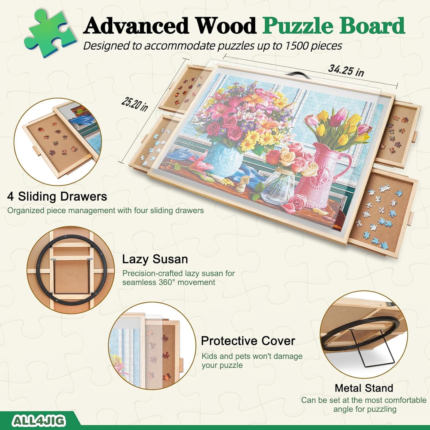 ALL4JIG puzzle board shows 34-2x25-2 inch footprint for ample workspace