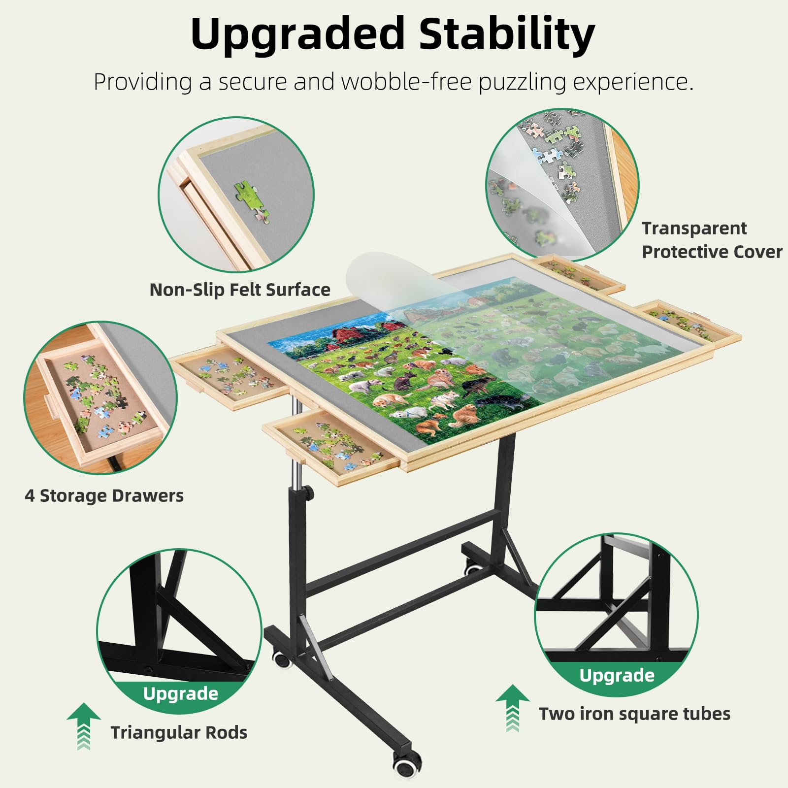 ALL4JIG puzzle table with four drawers keeps puzzle pieces organized and within reach