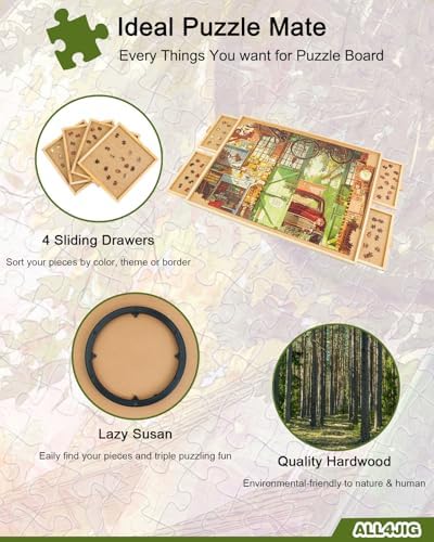 All4JIG puzzle table on lazy Susan spins smoothly for easy access to pieces.