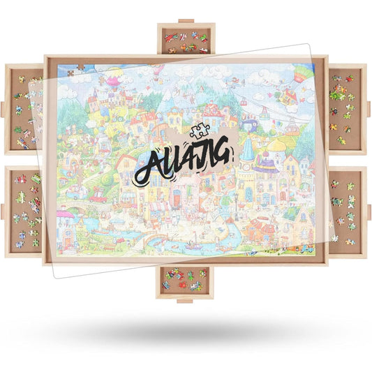 ALL4JIG rotating puzzle board with six drawers and cover for organized setup.