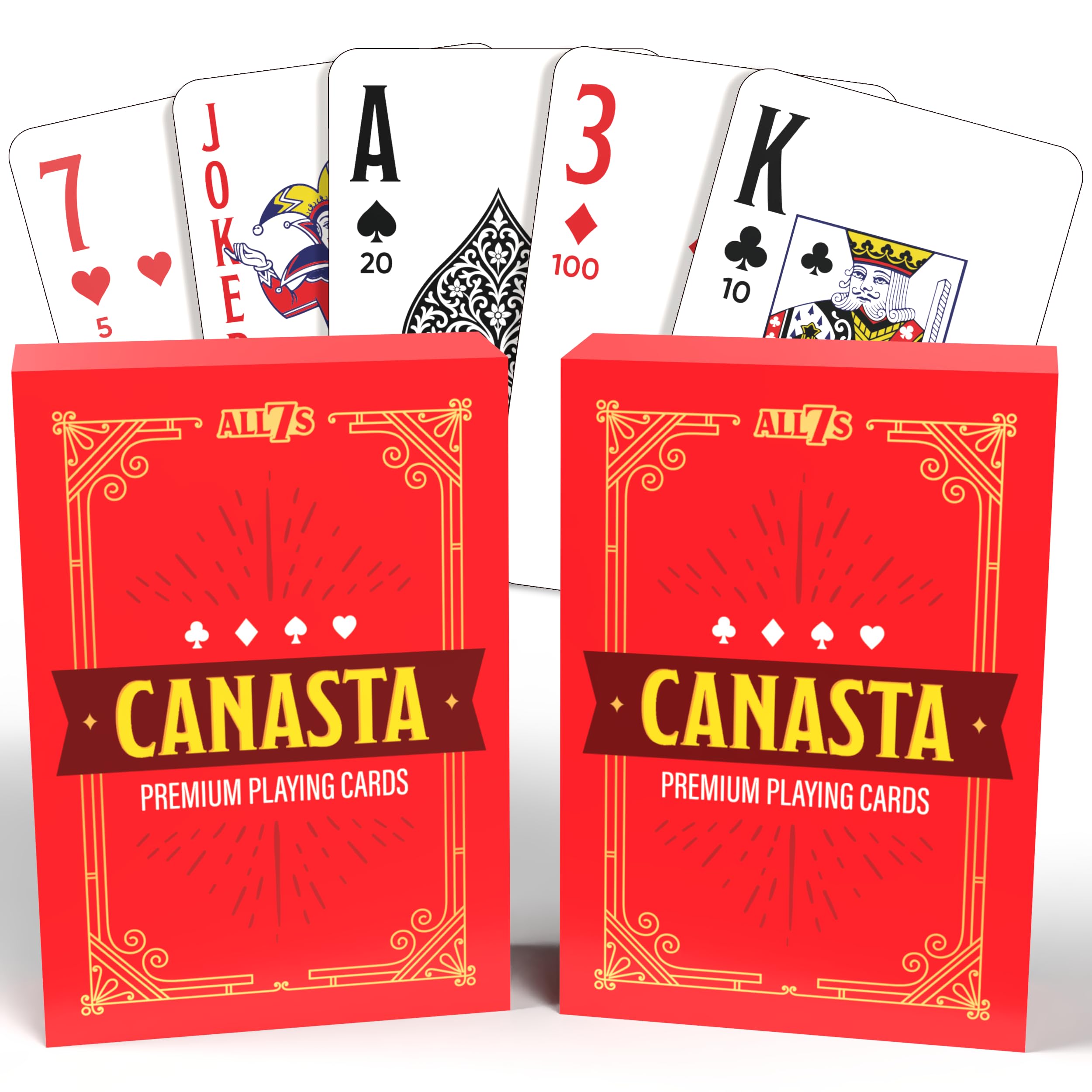 All7s Canasta deck with point values clearly visible for quick scoring.