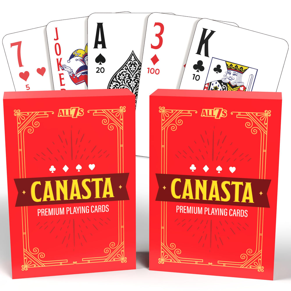All7s Canasta deck with point values clearly visible for quick scoring.