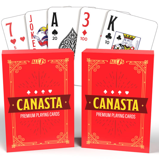 All7s Canasta deck with point values clearly visible for quick scoring.