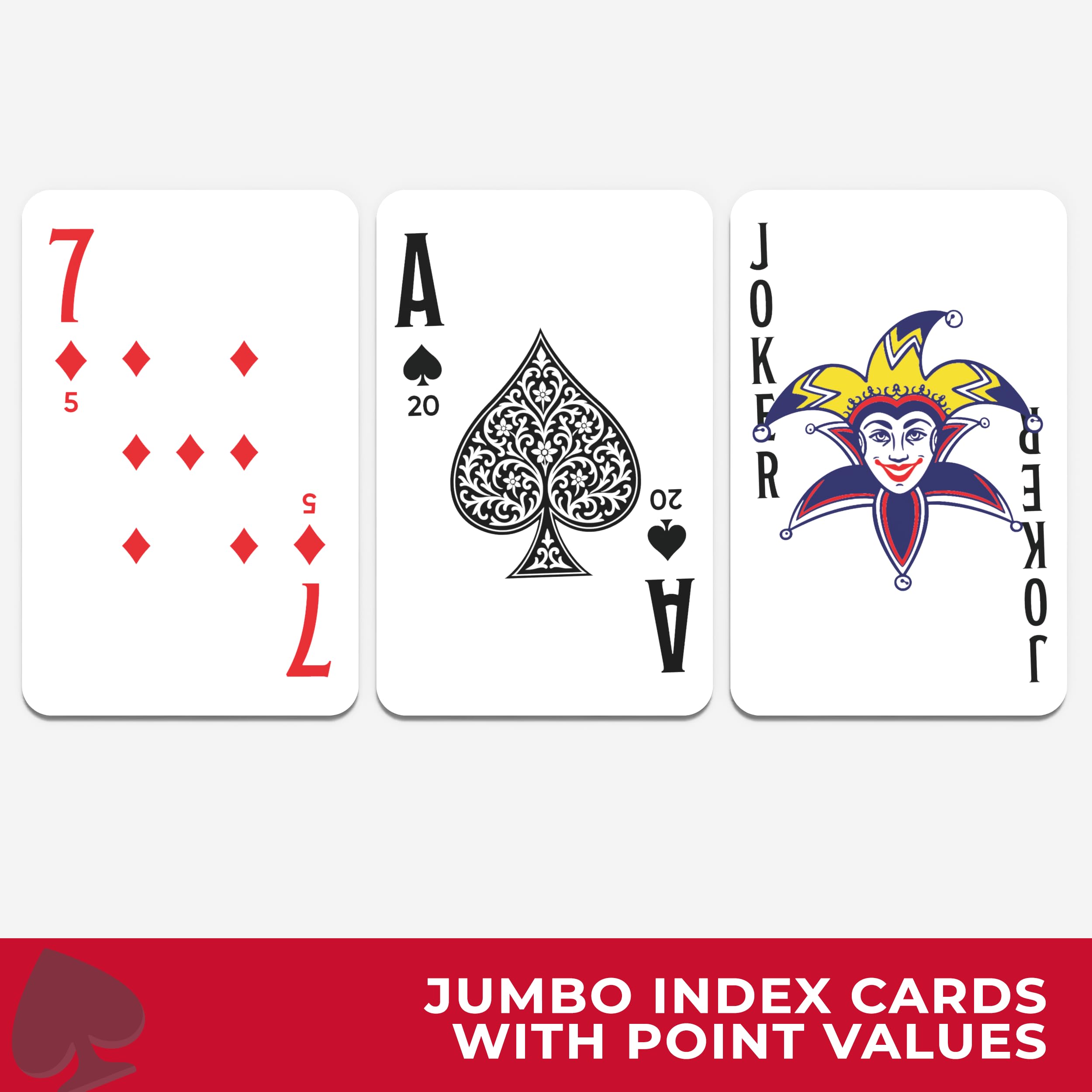 All7s Deluxe Canasta card deck closeup shows high-contrast suits.