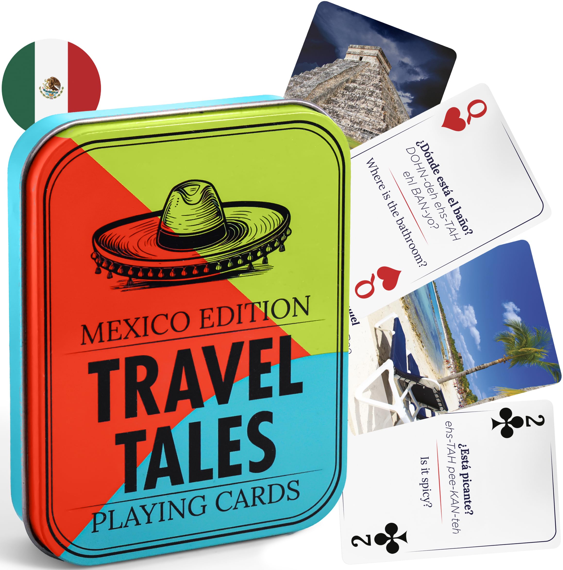 All7s Travel Tales Mexico Edition front card shows bilingual phrases for on-the-go learning.