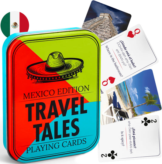 All7s Travel Tales Mexico Edition front card shows bilingual phrases for on-the-go learning.