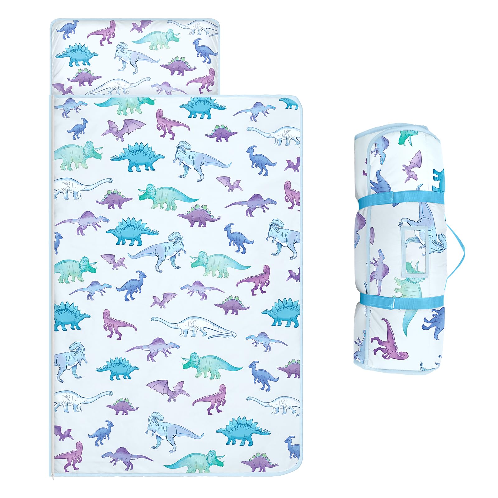 Alldomess Toddler Nap Mat blue dinosaur roll-up for easy travel and comfort.