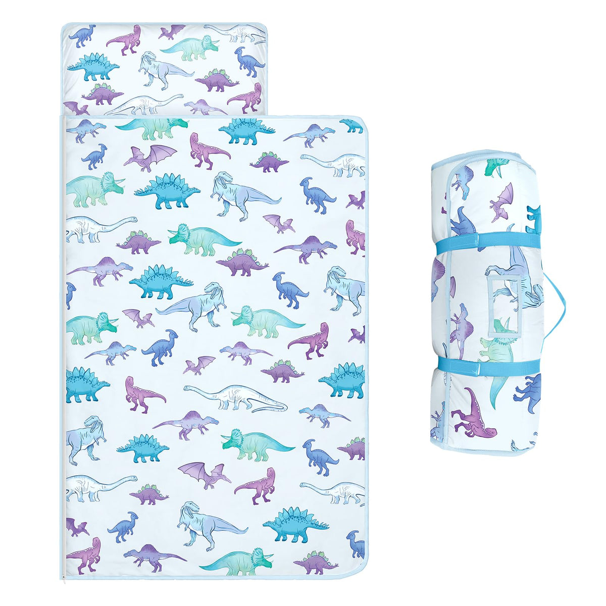Alldomess Toddler Nap Mat blue dinosaur roll-up for easy travel and comfort.