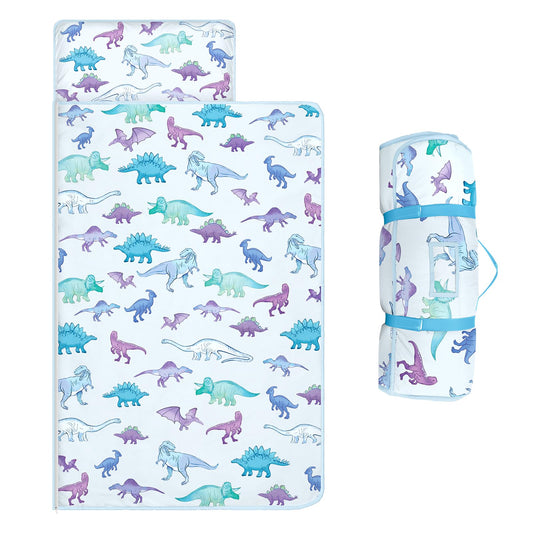 Alldomess Toddler Nap Mat blue dinosaur roll-up for easy travel and comfort.