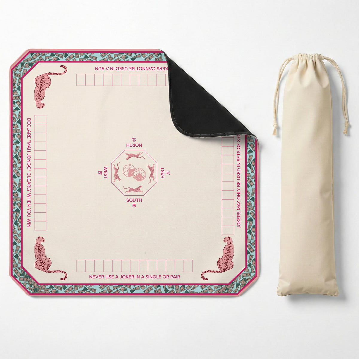 ALLINCOZY Mahjong Mat on pink grid surface, ready for quick setup