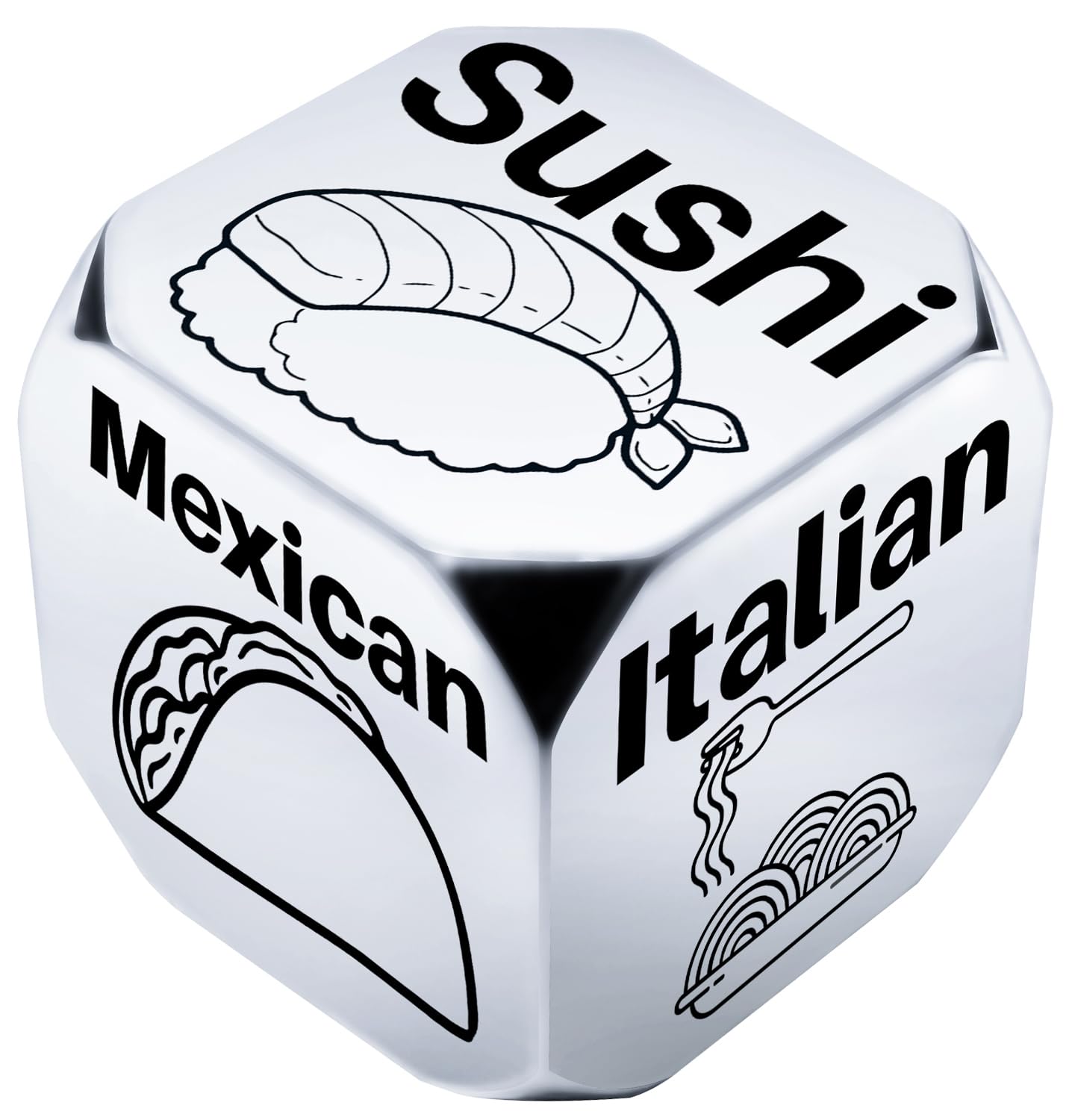 Allpeak date night dice closeup engraving showing six food options for easy dinner decisions
