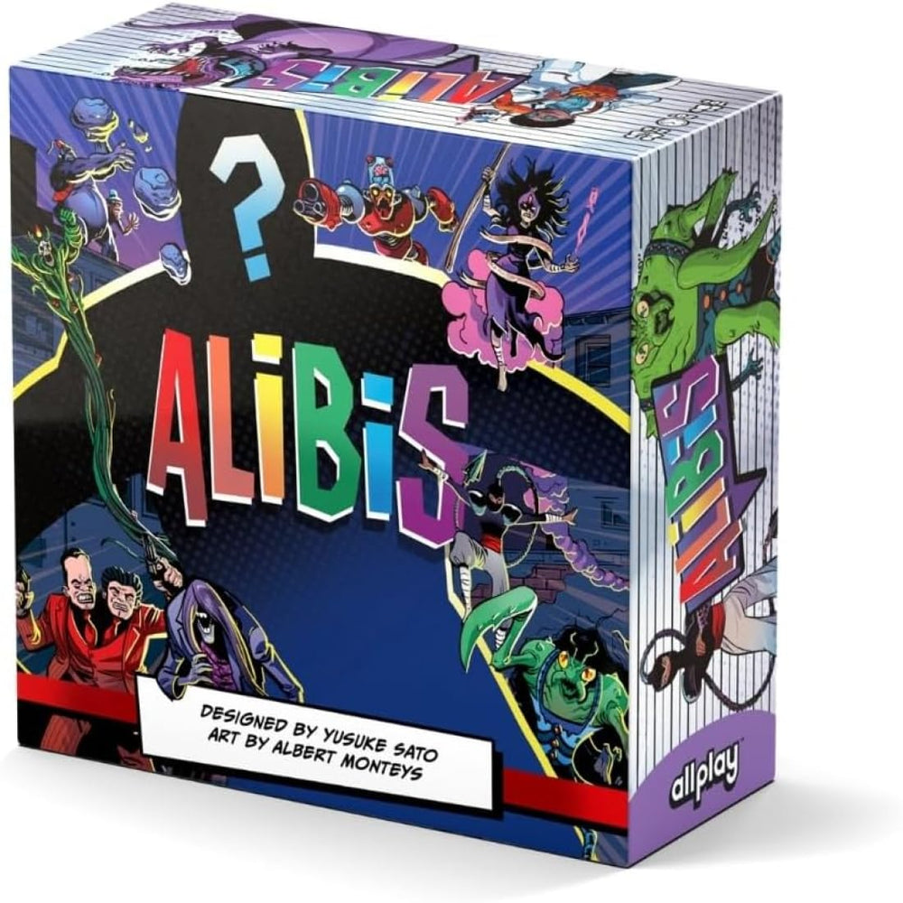 Allplay Alibis board game cover ready for a social night of mystery and fun
