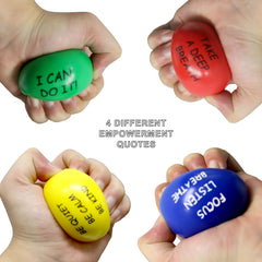 Colorful ALMAH stress balls close-up showing motivational quotes.
