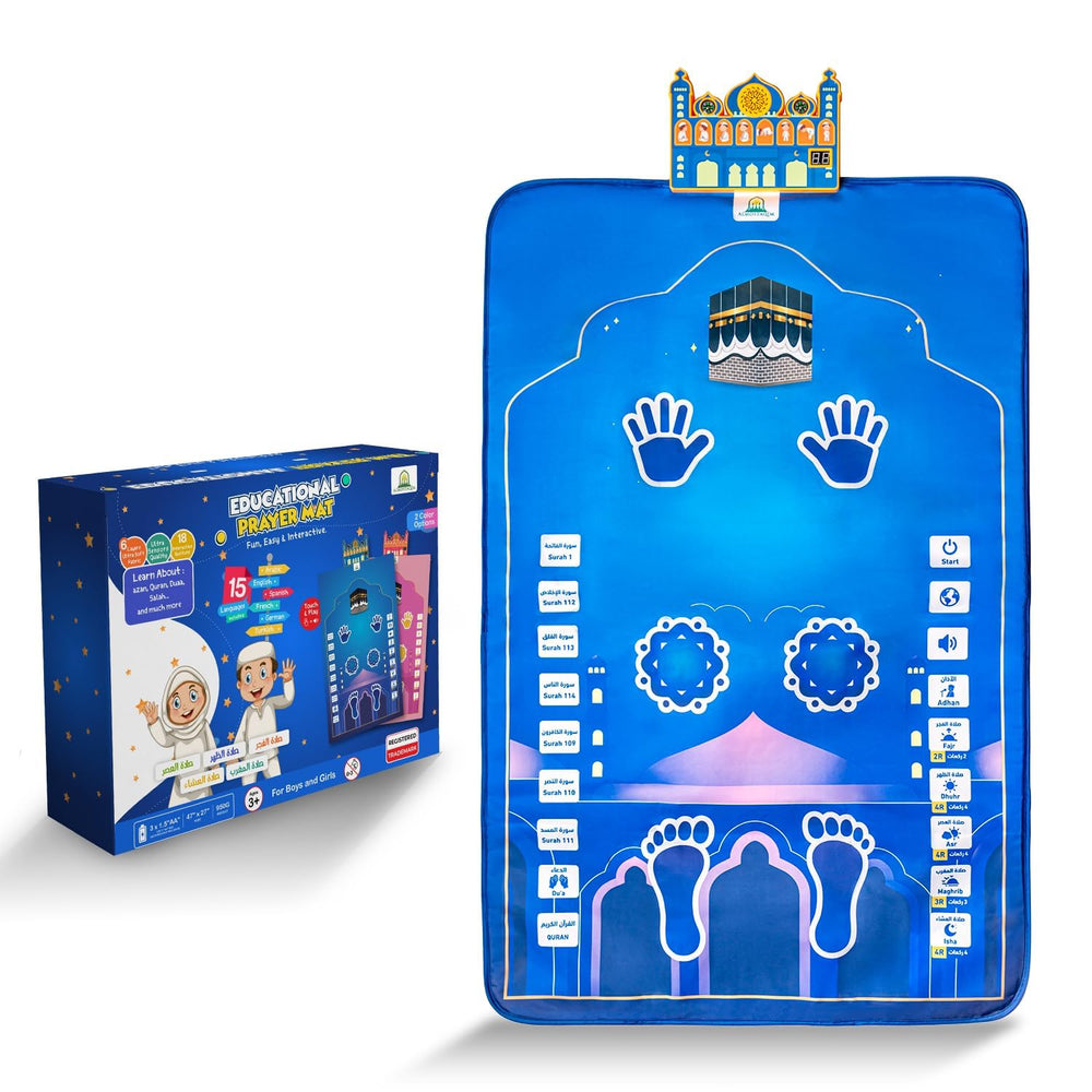 Almostaqim Educational Prayer Mat for Kids blue setup helps children learn Salat postures with engaging visuals.