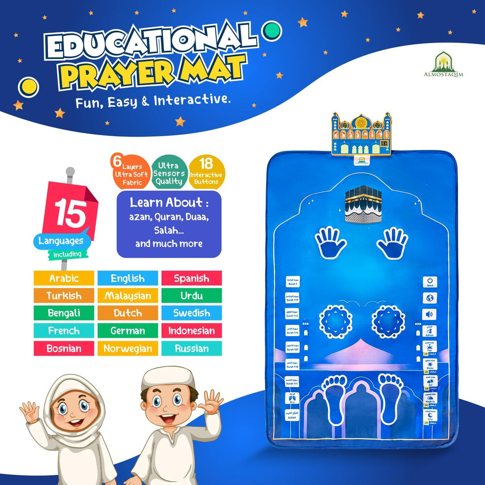 ALMOSTAQIM Educational Prayer Mat for Kids LCD Rakat counter tracks practice steps