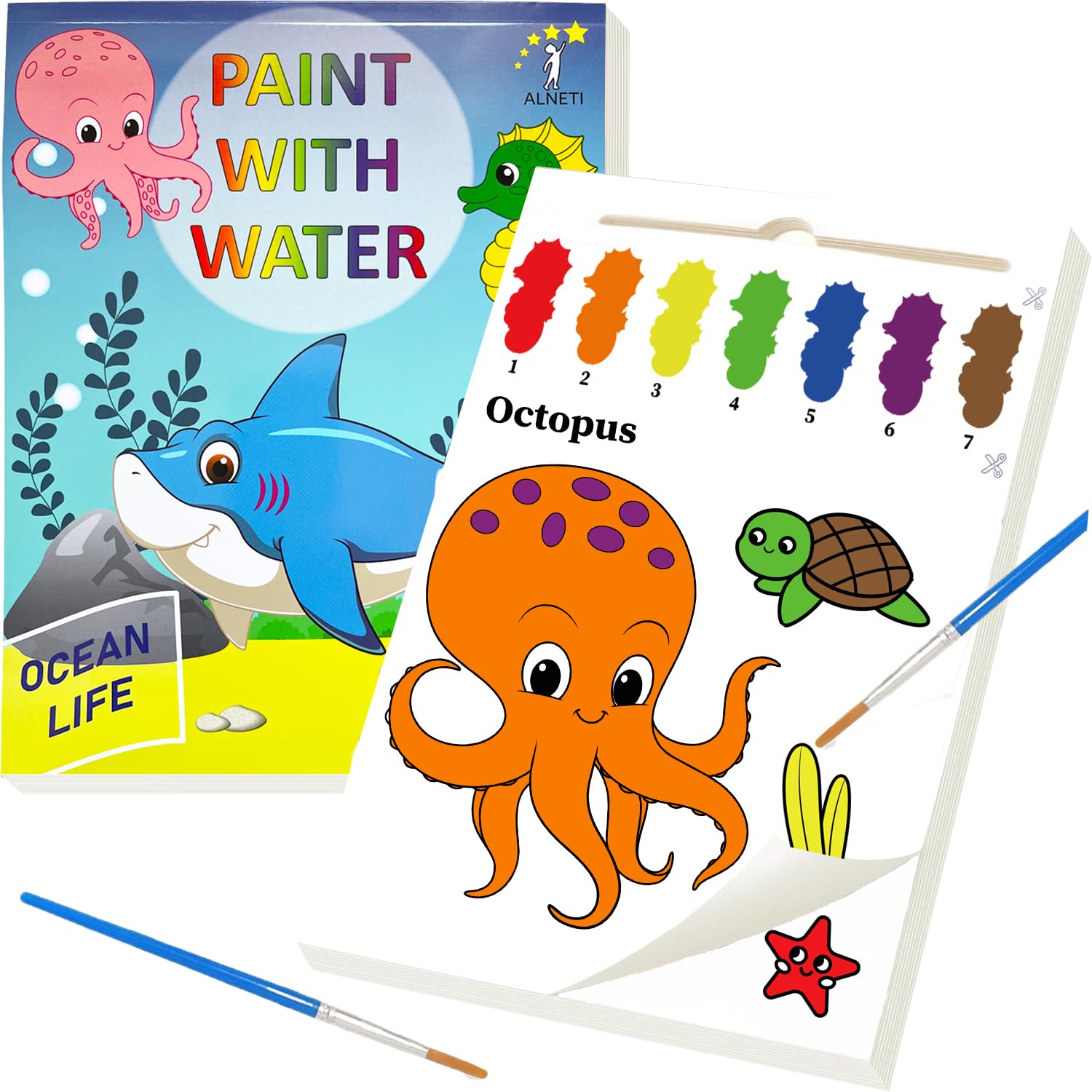 ALNETI watercolor book with sea animals for toddlers, mess-free painting at home