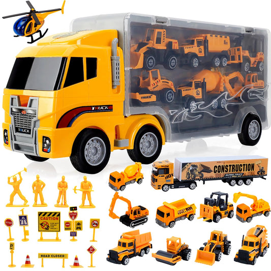 ALOTJOY 13-in-1 engineering set with diverse trucks for imaginative construction play.