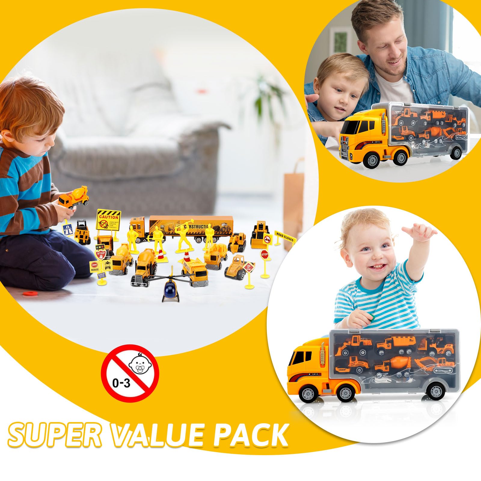 ALOTJOY Road Roller and Excavator Cement Truck set enhances hand-eye coordination.
