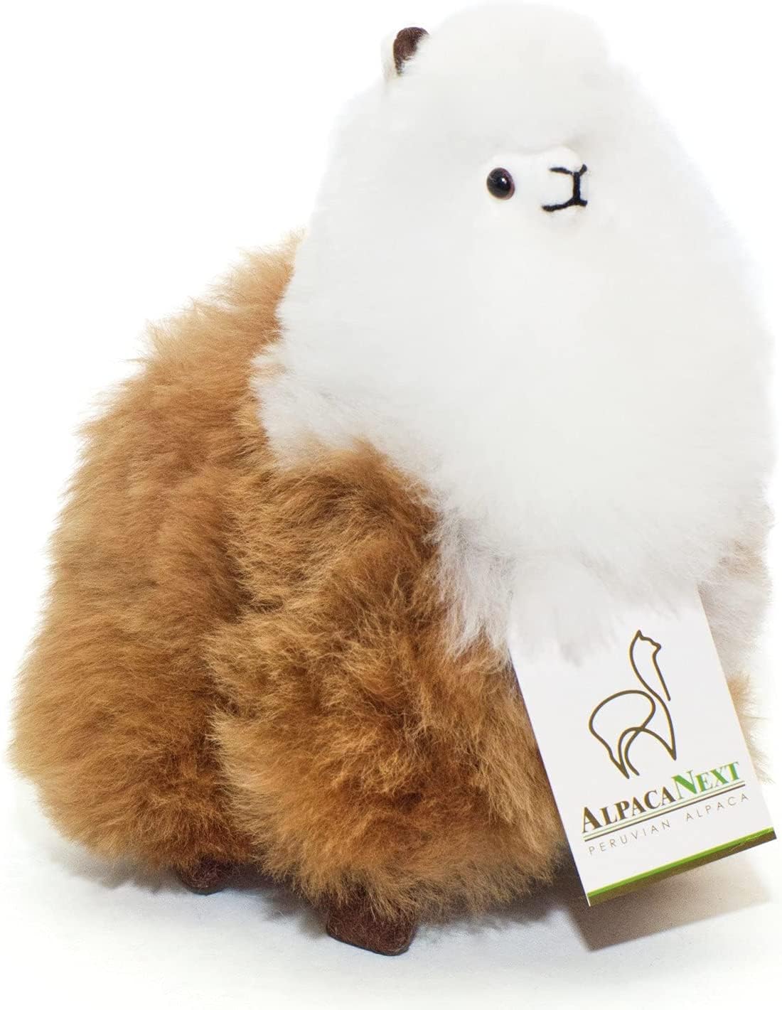 AlpacaNext 9-inch plush alpaca in brown and white fur, cozy bedtime companion.