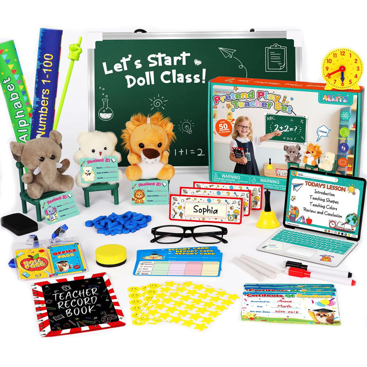 Alritz pretend play teacher set with three student dolls on chairs for interactive learning