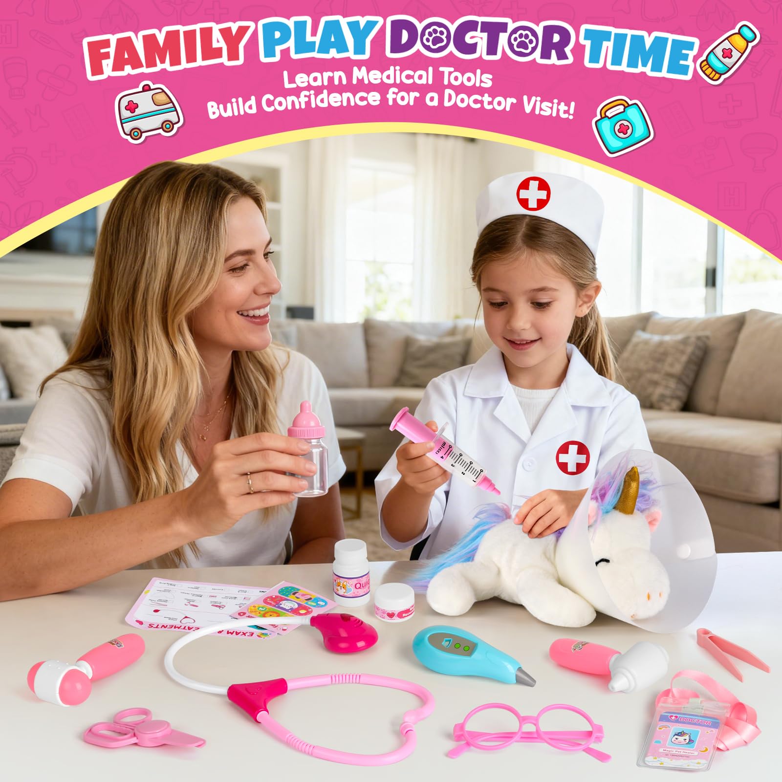 Syringe toy and bandages arranged for engaging pretend medical treatments.