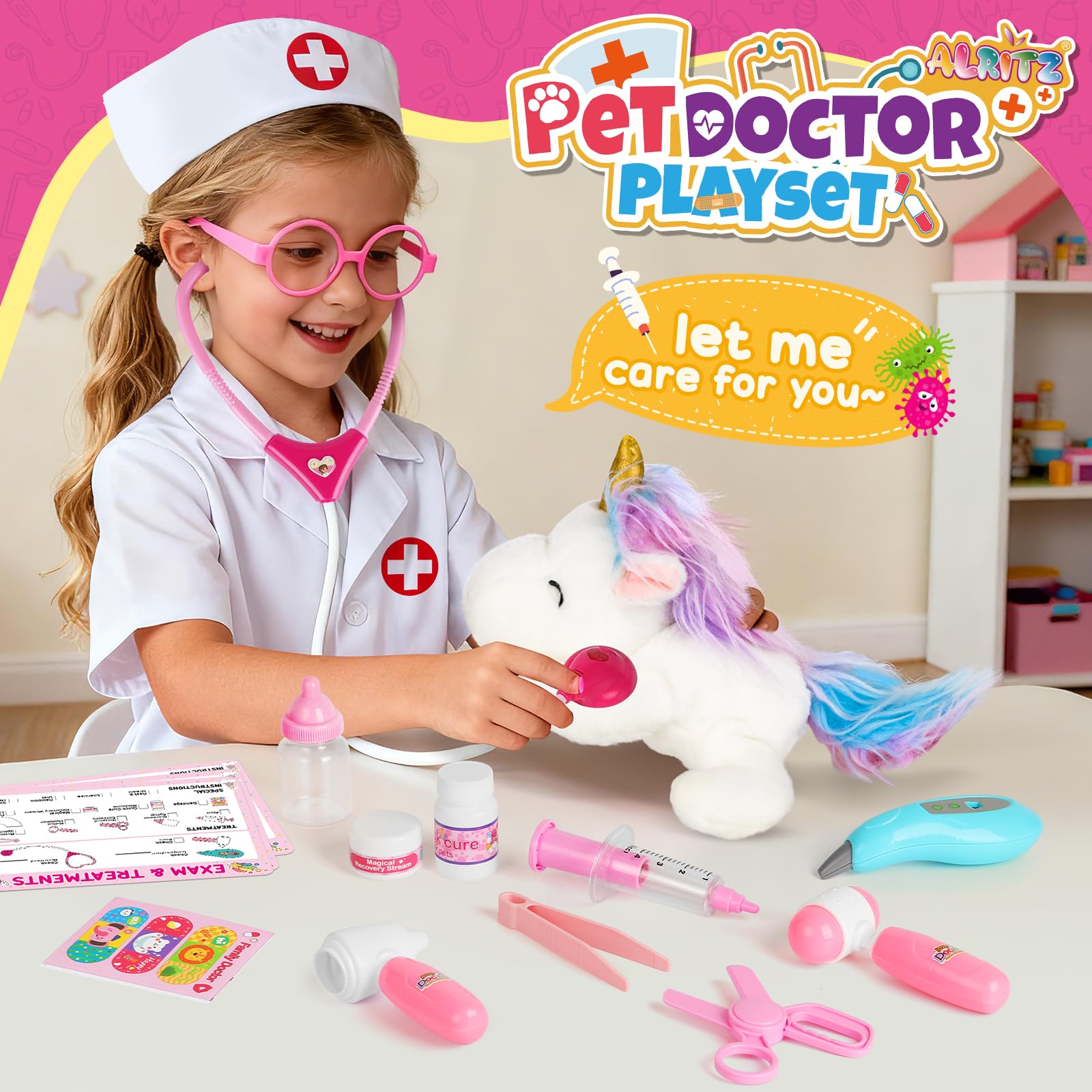 Alritz unicorn doll accessory set with carrying bag for neat, on-the-go pretend clinics.