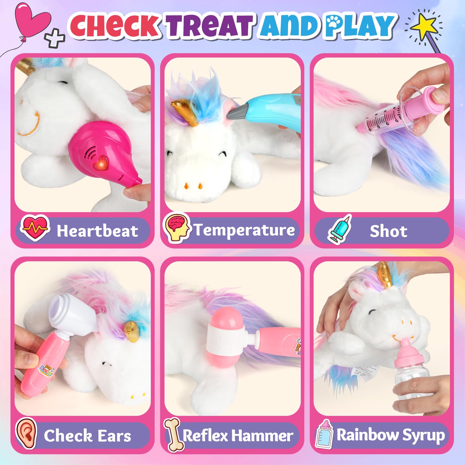 Young doctor with coat and glasses prepares a unicorn patient for a friendly checkup.