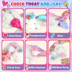 Young doctor with coat and glasses prepares a unicorn patient for a friendly checkup.
