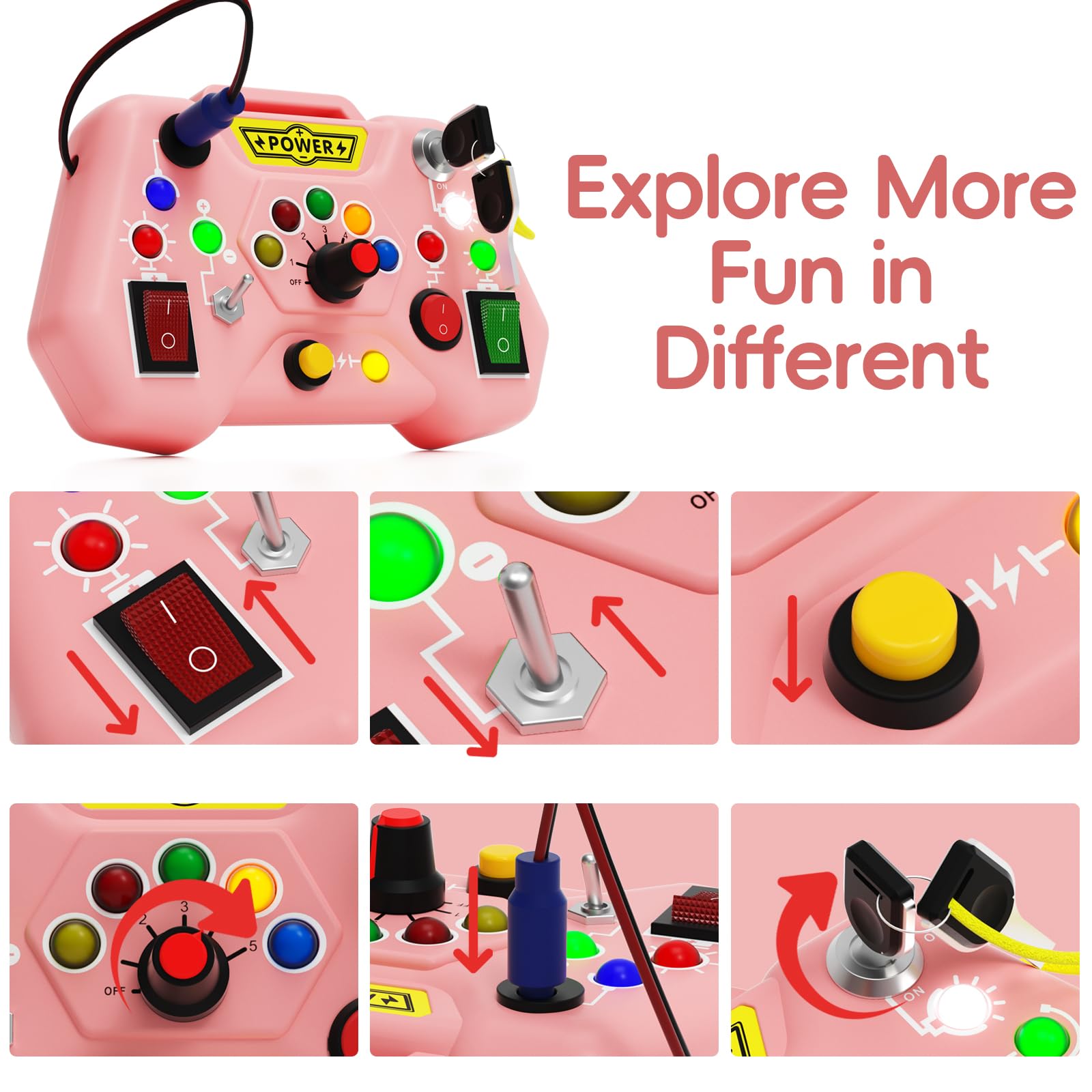 Alsatic busy board showing key switches for sensory play