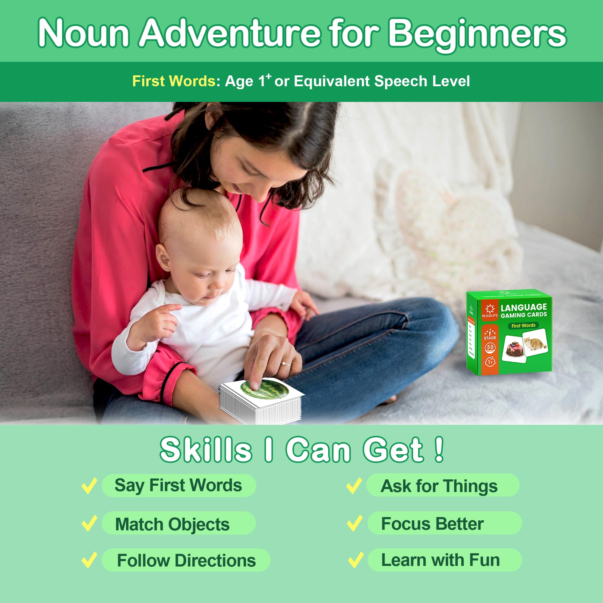 ALSOLIFE 50 First Words Spoon – sturdy cards for on-the-go language practice.