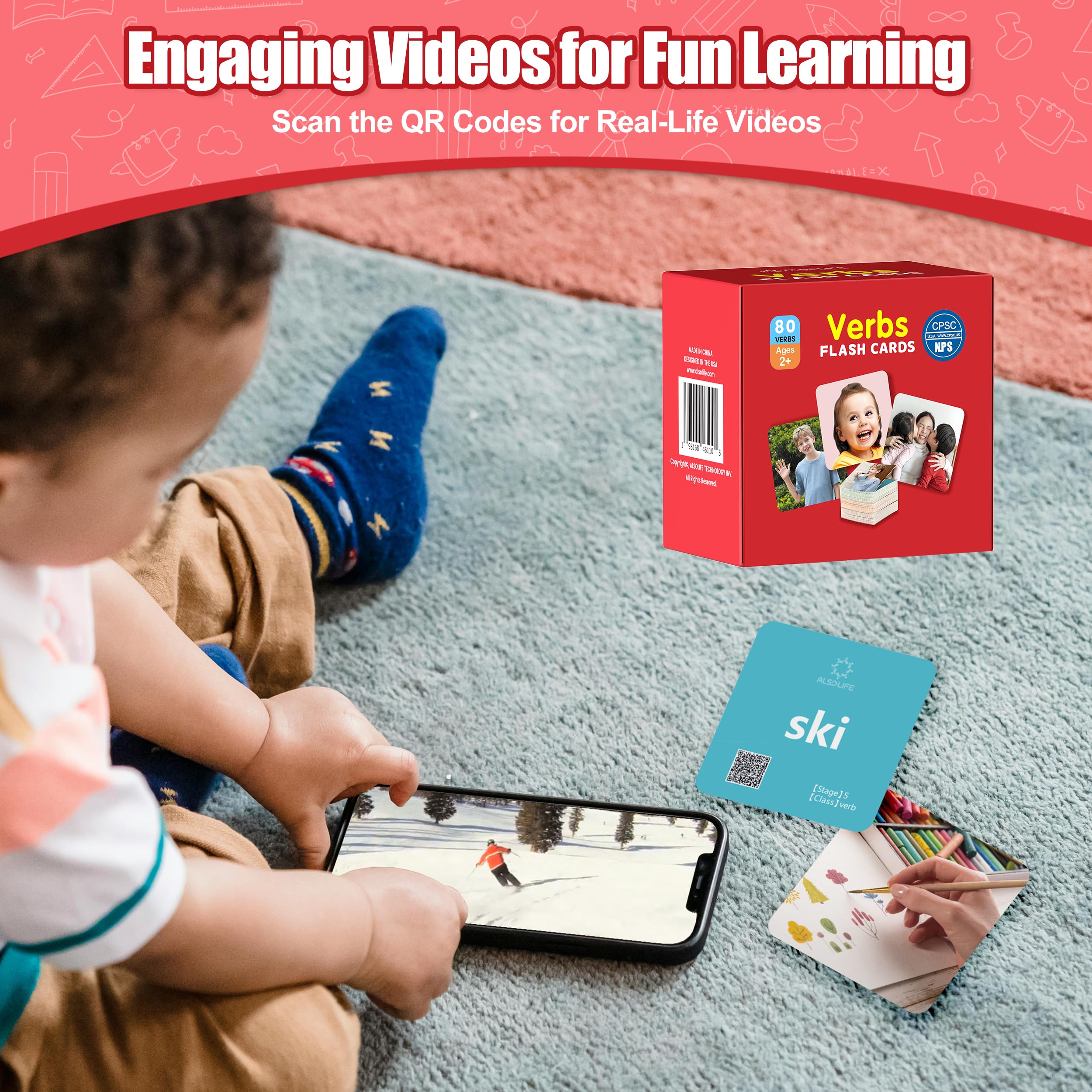 ALSOLIFE verb cards with a guide showing 8 fun games for different ages.