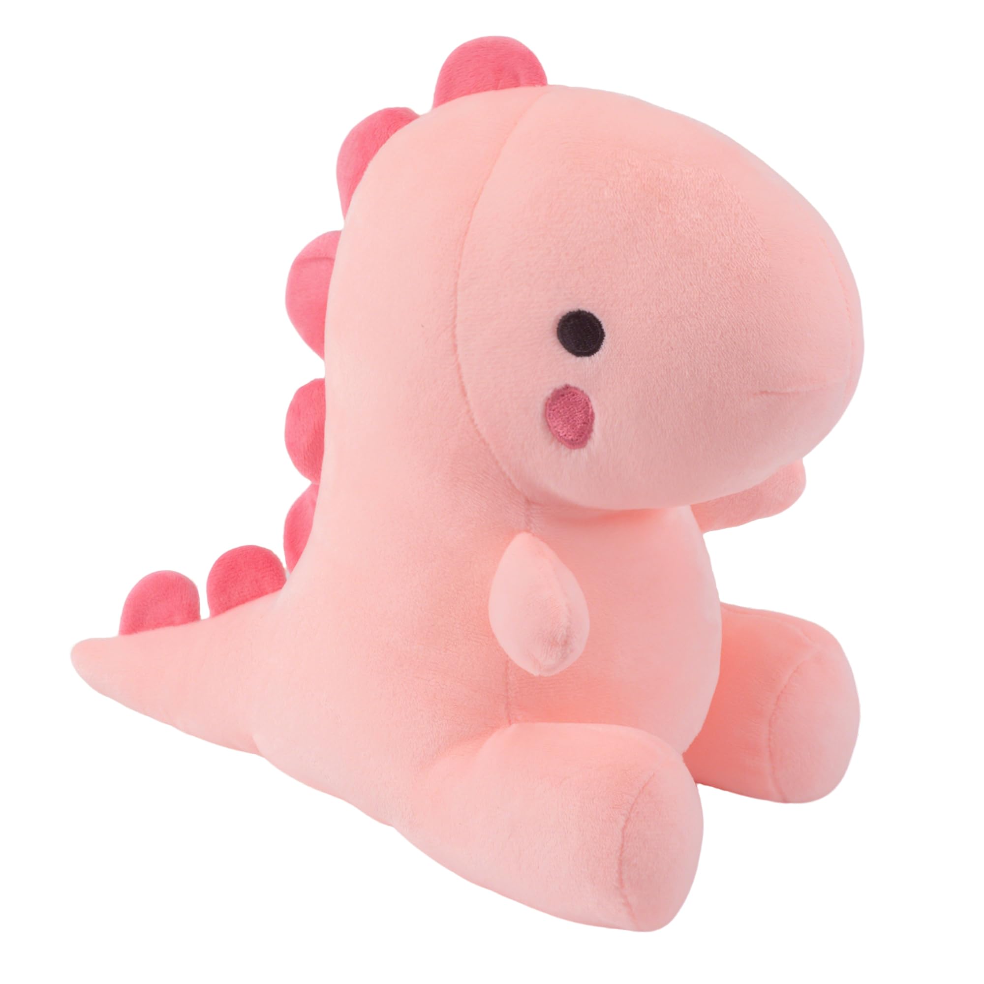 Alwoligag plush dinosaur face close-up, inviting cuddles with soft pink fur.