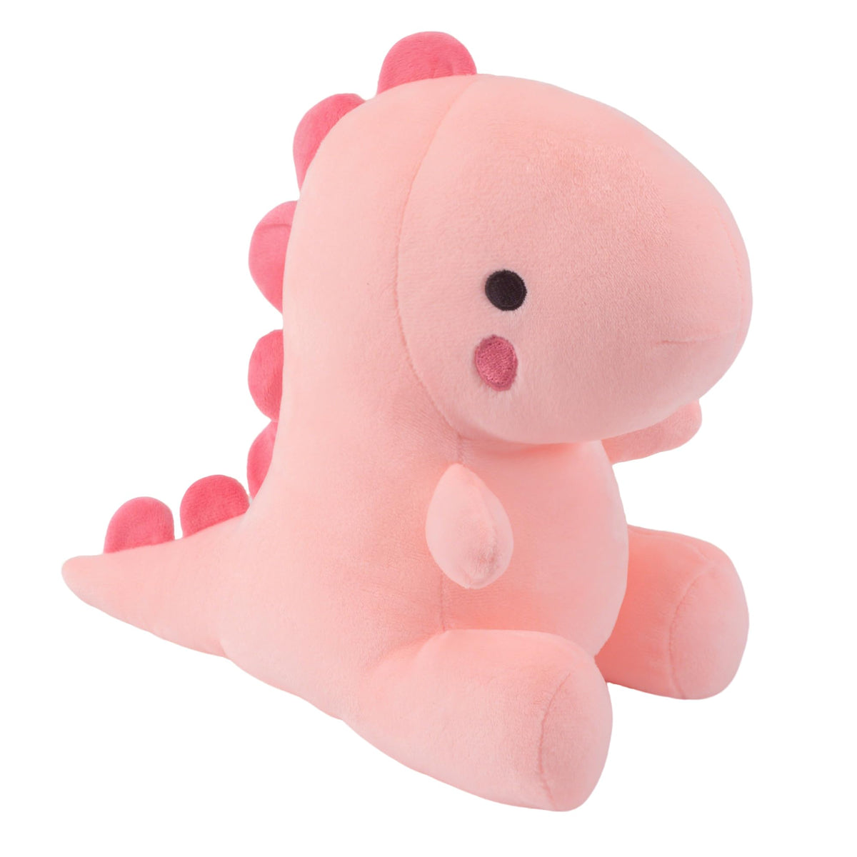 Alwoligag plush dinosaur face close-up, inviting cuddles with soft pink fur.