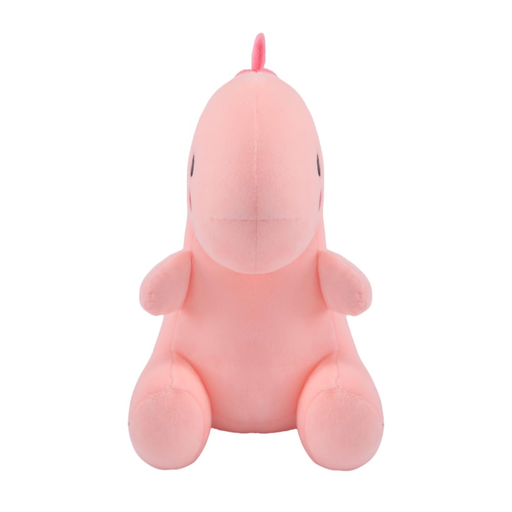 Alwoligag plush dinosaur full-body view, bright pink color and friendly design.